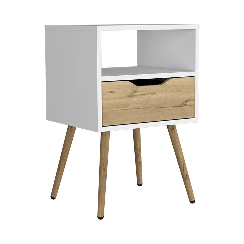 English Elm Nightstand With Open Shelf & Drawer, Modern Two-Tone White And Light Oak Design For Small Spaces B097132997