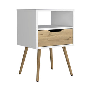 English Elm Nightstand With Open Shelf & Drawer, Modern Two-Tone White And Light Oak Design For Small Spaces B097132997