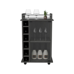 English Elm Dukat Light Oak Bar Cart with Glass Door Cabinet, Two Shelves, Six Bottle Cubbies & Locking Wheels Gray 31.7 L x 20.9 W x 7.2 H B07091849