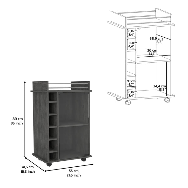 English Elm Dukat Light Oak Bar Cart with Glass Door Cabinet, Two Shelves, Six Bottle Cubbies & Locking Wheels Gray 31.7 L x 20.9 W x 7.2 H B07091849