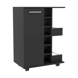 English Elm Bar Cart with Wine Rack Cabinet Open Shelves and Locking Casters for Home Entertaining B20091824