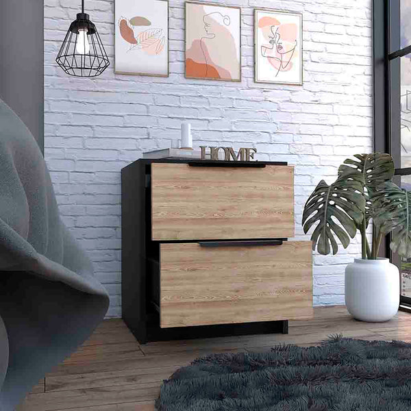 English Elm Modern Nightstand With Two Drawers - Stylish Black And Pine Design For Compact Bedroom Spaces B097132980