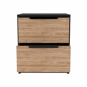 English Elm Modern Nightstand With Two Drawers - Stylish Black And Pine Design For Compact Bedroom Spaces B097132980