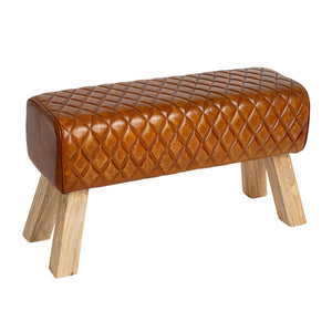 Rowena Interiors Diamond-Stitched Genuine Leather Upholstered Bench with Solid Mango Wood Legs for Entryway Brown DF0775