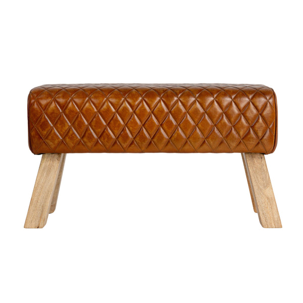 Rowena Interiors Diamond-Stitched Genuine Leather Upholstered Bench with Solid Mango Wood Legs for Entryway Brown DF0775