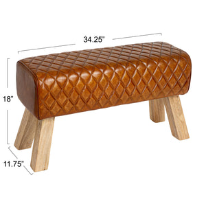 Rowena Interiors Diamond-Stitched Genuine Leather Upholstered Bench with Solid Mango Wood Legs for Entryway Brown DF0775