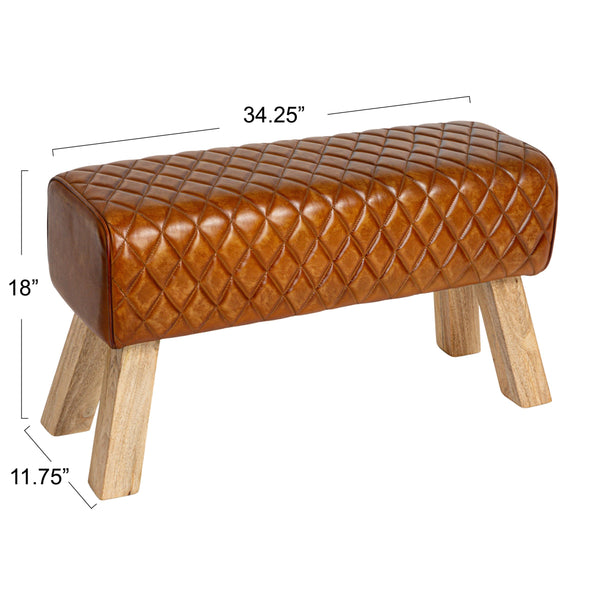 Rowena Interiors Diamond-Stitched Genuine Leather Upholstered Bench with Solid Mango Wood Legs for Entryway Brown DF0775