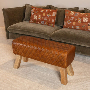 Rowena Interiors Diamond-Stitched Genuine Leather Upholstered Bench with Solid Mango Wood Legs for Entryway Brown DF0775