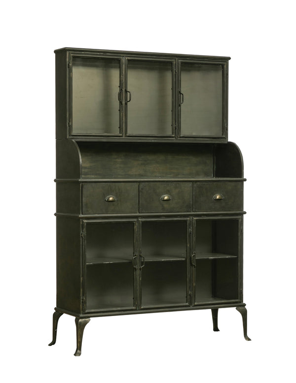 Rowena Interiors Vintage Apothecary Style Matte Black Metal Cabinet with Six Glass Doors and Drawers DF2820MC