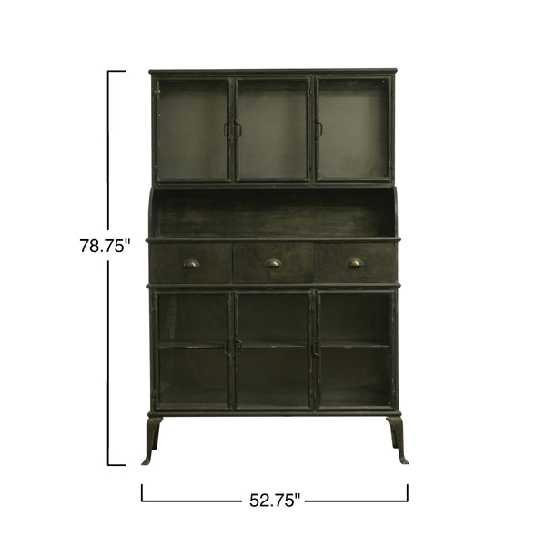 Rowena Interiors Vintage Apothecary Style Matte Black Metal Cabinet with Six Glass Doors and Drawers DF2820MC