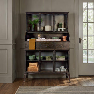 Rowena Interiors Vintage Apothecary Style Matte Black Metal Cabinet with Six Glass Doors and Drawers DF2820MC