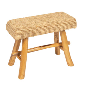 Rowena Interiors Woven Mendong Fiber and Solid Teak Rectangular Stool for Coastal Bohemian Interiors DF3117