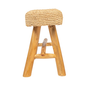 Rowena Interiors Woven Mendong Fiber and Solid Teak Rectangular Stool for Coastal Bohemian Interiors DF3117
