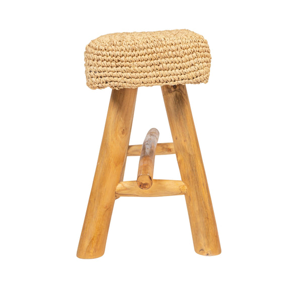 Rowena Interiors Woven Mendong Fiber and Solid Teak Rectangular Stool for Coastal Bohemian Interiors DF3117
