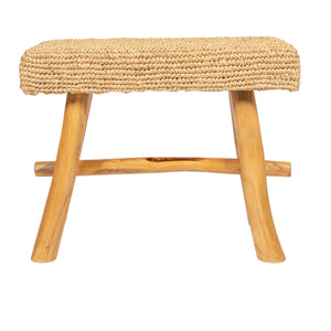 Rowena Interiors Woven Mendong Fiber and Solid Teak Rectangular Stool for Coastal Bohemian Interiors DF3117