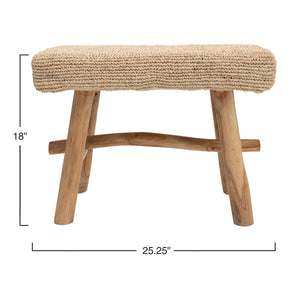 Rowena Interiors Woven Mendong Fiber and Solid Teak Rectangular Stool for Coastal Bohemian Interiors DF3117