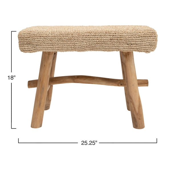 Rowena Interiors Woven Mendong Fiber and Solid Teak Rectangular Stool for Coastal Bohemian Interiors DF3117