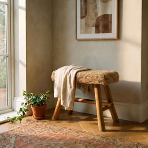 Rowena Interiors Woven Mendong Fiber and Solid Teak Rectangular Stool for Coastal Bohemian Interiors DF3117