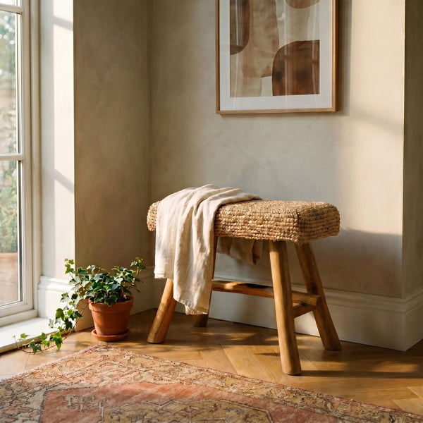 Rowena Interiors Woven Mendong Fiber and Solid Teak Rectangular Stool for Coastal Bohemian Interiors DF3117