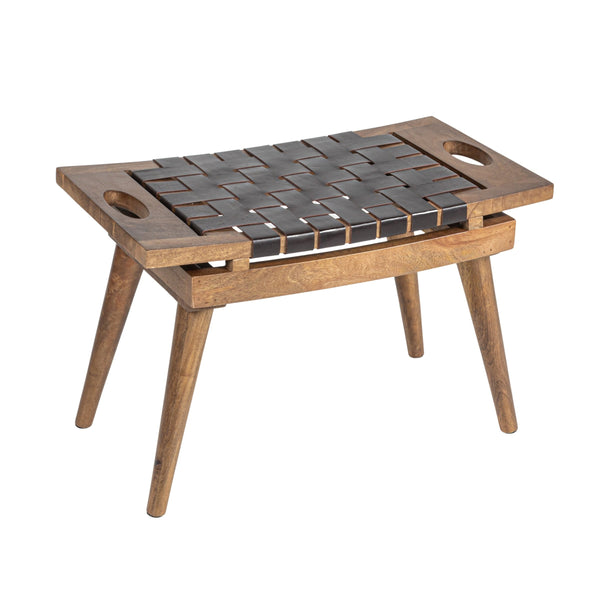 Rowena Interiors Mango Wood Artisan Stool with Woven Leather Seat Two-Tone Frame Versatile Accent DF3800