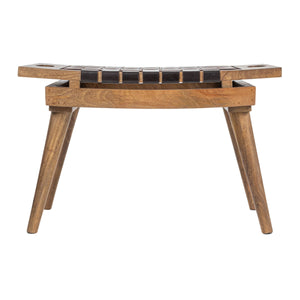 Rowena Interiors Mango Wood Artisan Stool with Woven Leather Seat Two-Tone Frame Versatile Accent DF3800
