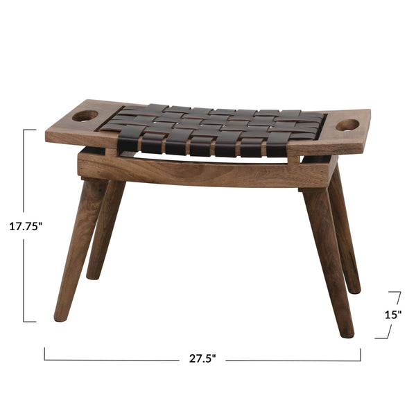 Rowena Interiors Mango Wood Artisan Stool with Woven Leather Seat Two-Tone Frame Versatile Accent DF3800