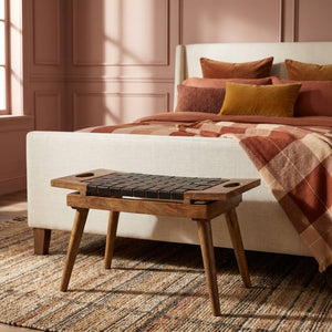 Rowena Interiors Mango Wood Artisan Stool with Woven Leather Seat Two-Tone Frame Versatile Accent DF3800