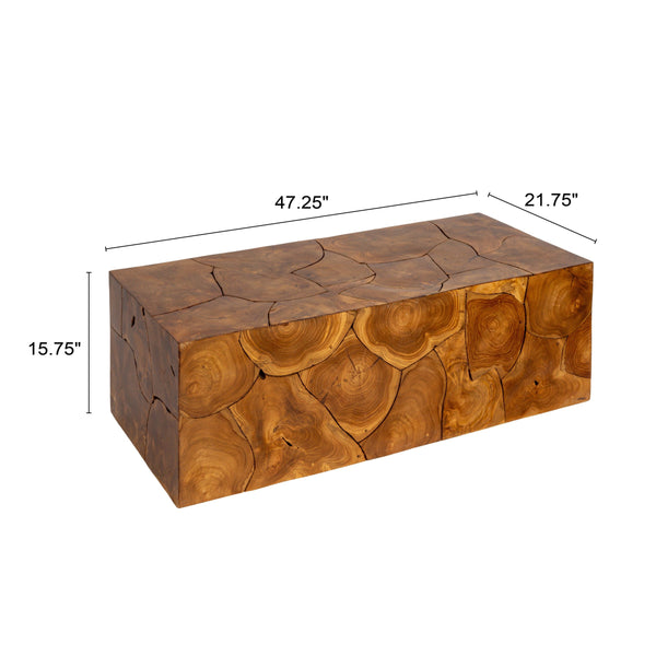 Rowena Interiors Rectangular Solid Teak Root Coffee Table Organic Live Edge Low Profile Living Room DF4854