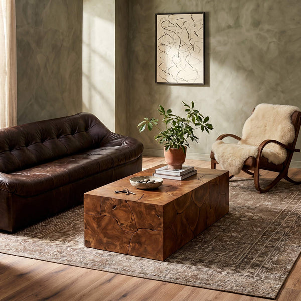 Rowena Interiors Rectangular Solid Teak Root Coffee Table Organic Live Edge Low Profile Living Room DF4854