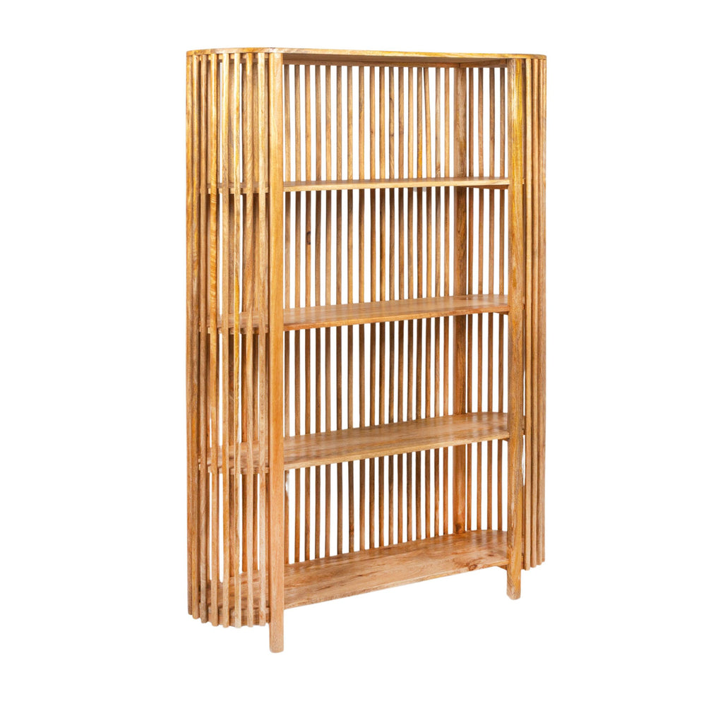 Rowena Interiors Slatted Mango Wood Bookcase with Four Open Shelves for Bohemian or Farmhouse Decor Natural DF5052