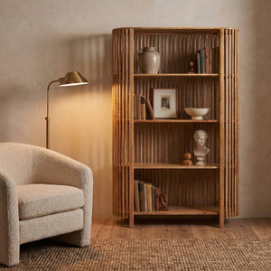 Rowena Interiors Slatted Mango Wood Bookcase with Four Open Shelves for Bohemian or Farmhouse Decor Natural DF5052