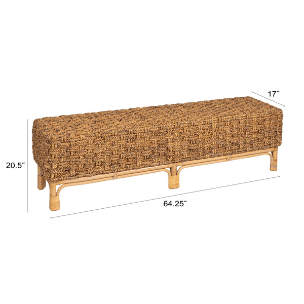 Rowena Interiors Woven Water Hyacinth Bench with Mahogany Frame for Entryway Bedroom or Patio DF5278