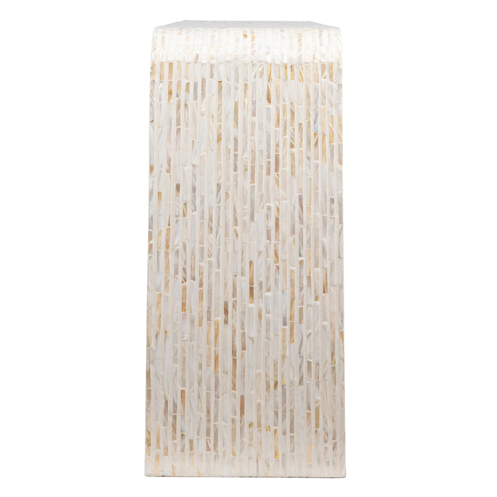 Rowena Interiors Mother of Pearl Mosaic Console Table Iridescent Seashell Waterfall Design for Entryways DF5900