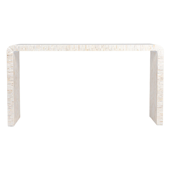 Rowena Interiors Mother of Pearl Mosaic Console Table Iridescent Seashell Waterfall Design for Entryways DF5900
