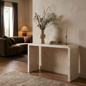 Rowena Interiors Mother of Pearl Mosaic Console Table Iridescent Seashell Waterfall Design for Entryways DF5900