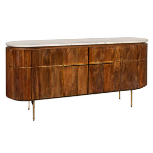 Rowena Interiors Fluted Mango Wood Storage Cabinet with Glossy Marble Top for Entryway or Living Room DF5915MC