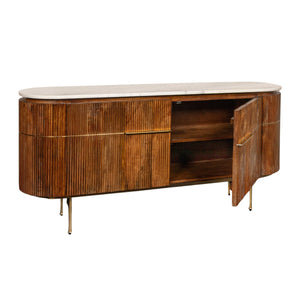Rowena Interiors Fluted Mango Wood Storage Cabinet with Glossy Marble Top for Entryway or Living Room DF5915MC