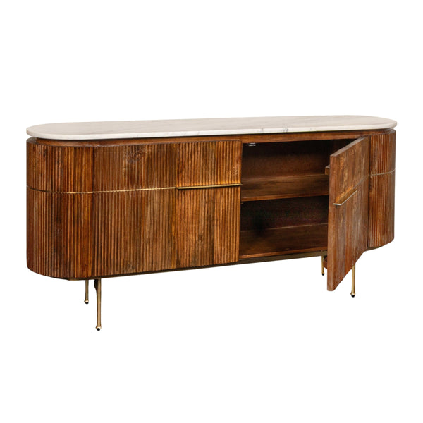 Rowena Interiors Fluted Mango Wood Storage Cabinet with Glossy Marble Top for Entryway or Living Room DF5915MC
