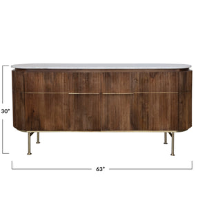 Rowena Interiors Fluted Mango Wood Storage Cabinet with Glossy Marble Top for Entryway or Living Room DF5915MC