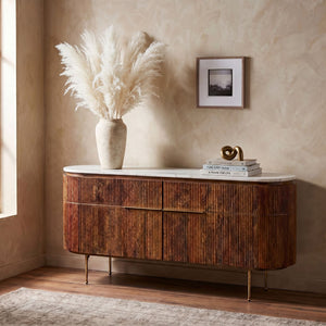 Rowena Interiors Fluted Mango Wood Storage Cabinet with Glossy Marble Top for Entryway or Living Room DF5915MC