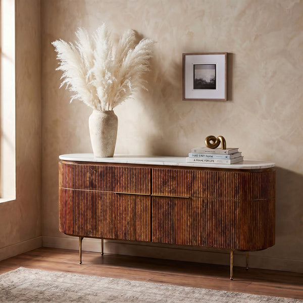 Rowena Interiors Fluted Mango Wood Storage Cabinet with Glossy Marble Top for Entryway or Living Room DF5915MC