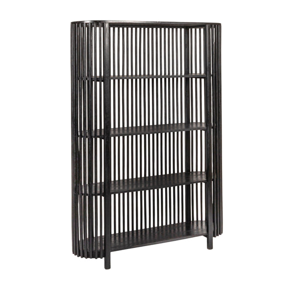 Rowena Interiors Slatted Mango Wood Bookcase with Four Open Shelves for Bohemian or Farmhouse Decor Black DF7880
