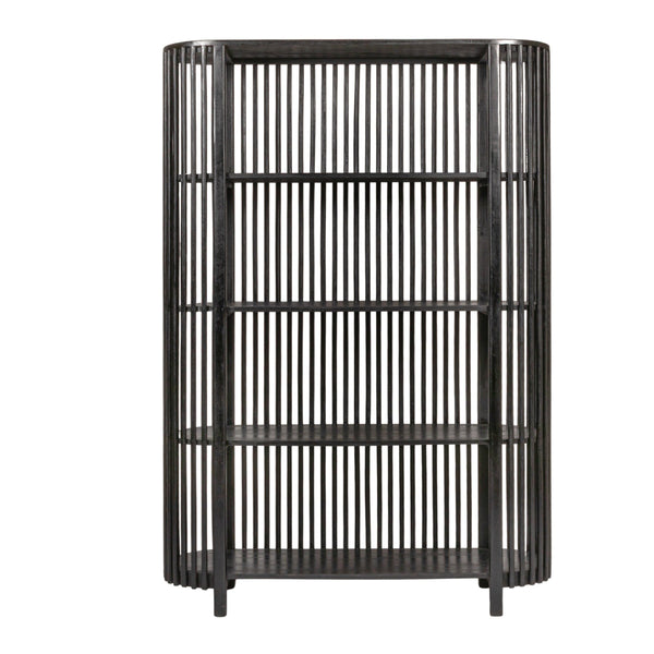 Rowena Interiors Slatted Mango Wood Bookcase with Four Open Shelves for Bohemian or Farmhouse Decor Black DF7880