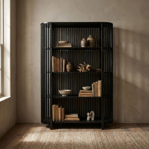 Rowena Interiors Slatted Mango Wood Bookcase with Four Open Shelves for Bohemian or Farmhouse Decor Black DF7880