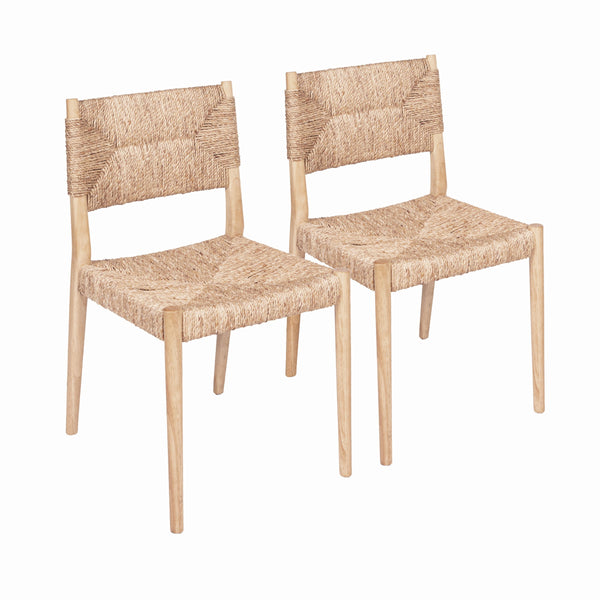 Rowena Interiors Woven Water Hyacinth Rubberwood Dining Accent Chair Set Bohemian Natural Seating DF8473SET