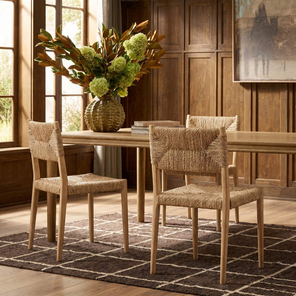 Rowena Interiors Woven Water Hyacinth Rubberwood Dining Accent Chair Set Bohemian Natural Seating DF8473SET