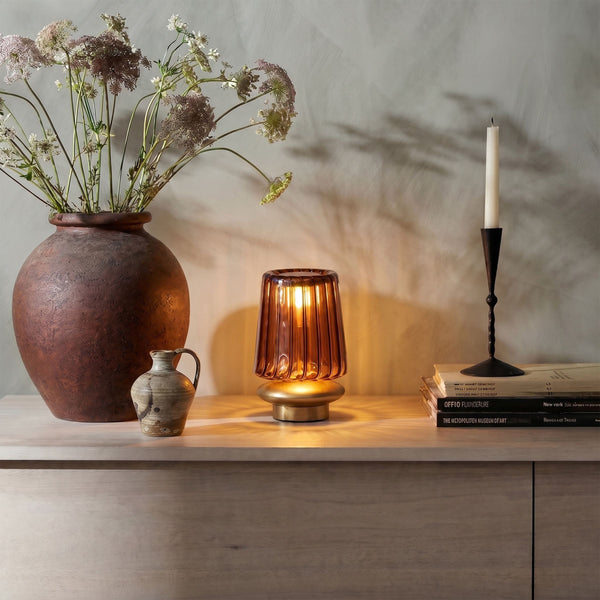 Rowena Interiors 6.5 Inch Cordless Rechargeable LED Table Lamp Antique Brass Touch Base Warm Glow Amber DF9061