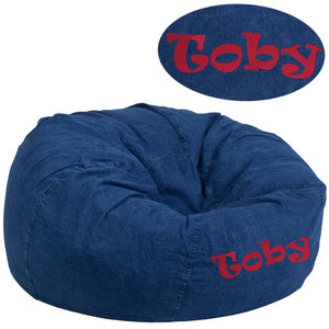 English Elm Duncan Oversized Personalized Bean Bag Chair for Comfortable Lounging in Homes, Dorms, and Classrooms Denim DG-BEAN-LARGE-DENIM-TXTEMB-GG