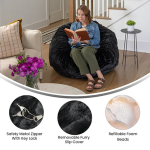 English Elm Duncan Oversized Refillable Bean Bag Chair - Ultimate Comfort for Gaming, Lounging, and Relaxation Black Furry DG-BEAN-LARGE-FUR-BK-GG
