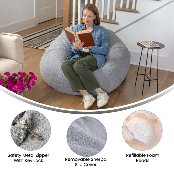English Elm Duncan Oversized Refillable Bean Bag Chair - Ultimate Comfort for Gaming, Lounging, and Relaxation Gray Sherpa DG-BEAN-LARGE-SHERPA-GY-GG